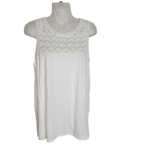 Ann Taylor Loft Womens Top Large White Sleeveless Linen Blend Crochet Round Neck - Picture 1 of 9
